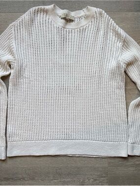 LOFT White 100% Cotton Open-Weave Waffle Knit Crewneck Sweater